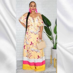 The Yellow & Pink Florals Print Maxi Skirt with Crop Top